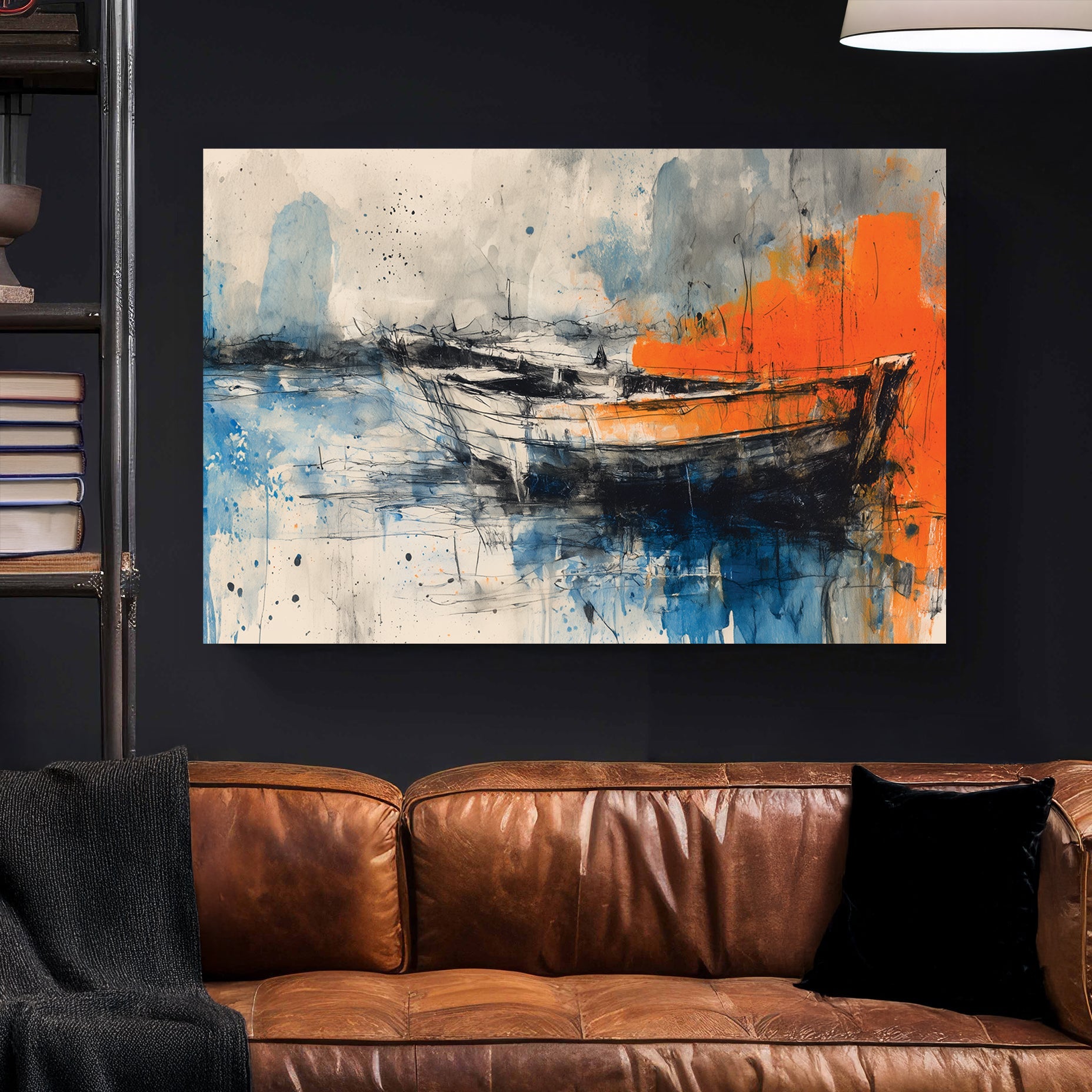 Abstract painting of boats with vivid orange and blue watercolour-style brushwork