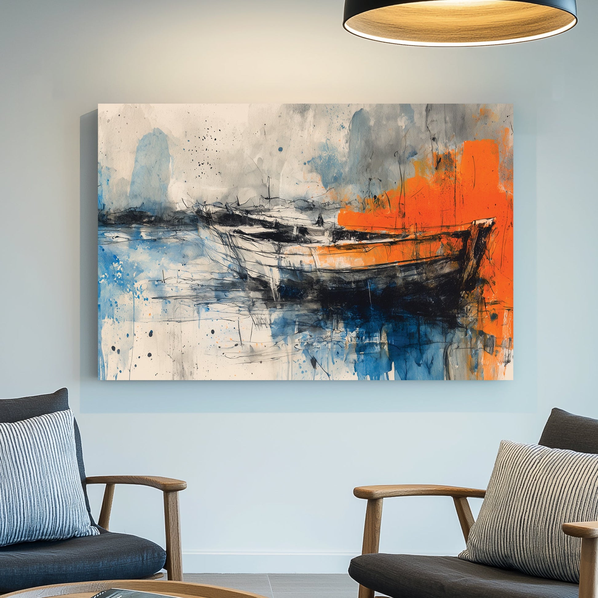 Abstract painting of boats with vivid orange and blue watercolour-style brushwork