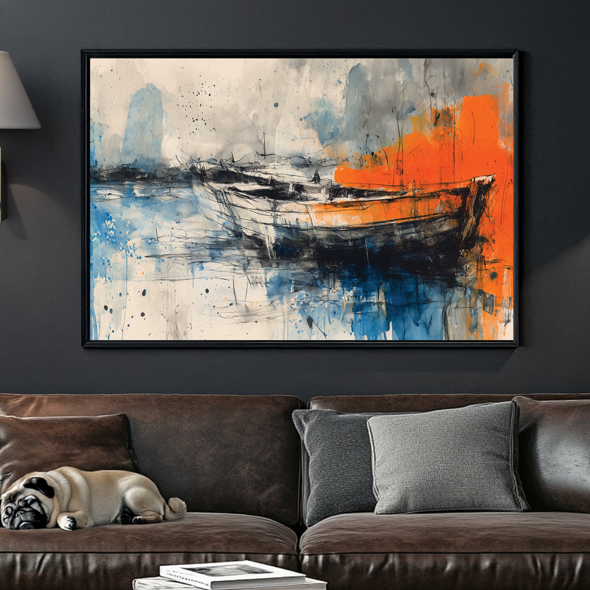 Abstract painting of boats with vivid orange and blue watercolour-style brushwork