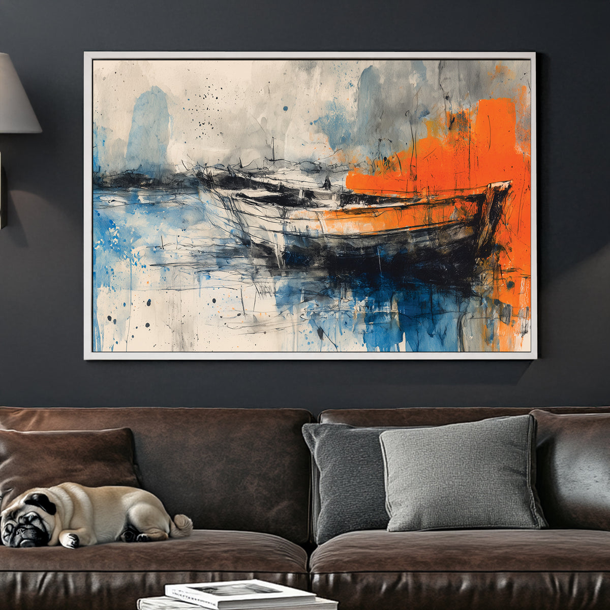 Abstract painting of boats with vivid orange and blue watercolour-style brushwork