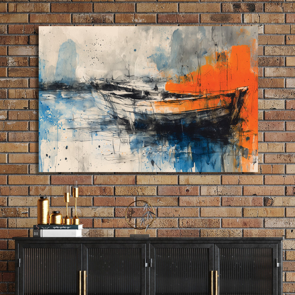 Abstract painting of boats with vivid orange and blue watercolour-style brushwork