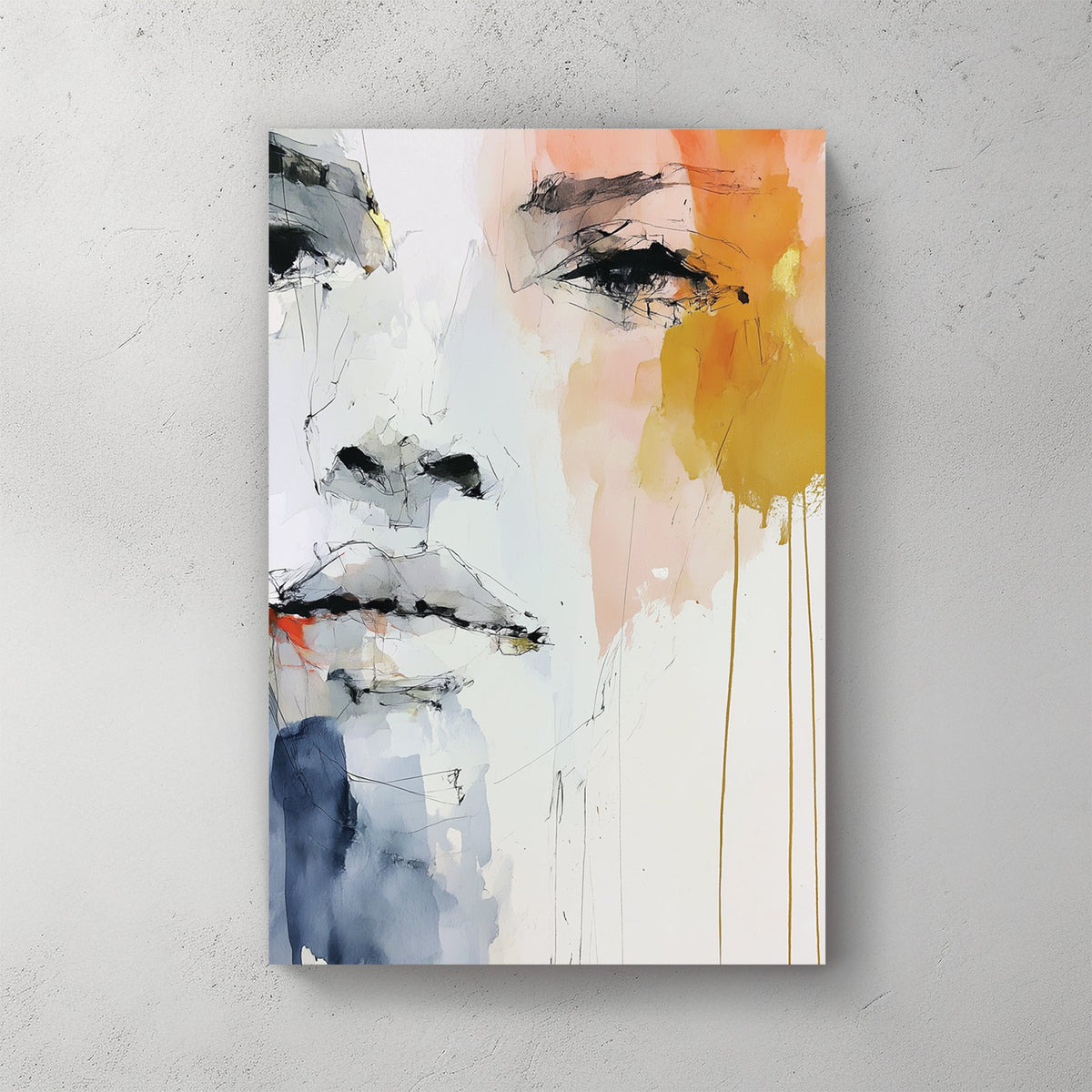 Abstract watercolour portrait of a face with soft tones and expressive eye detail