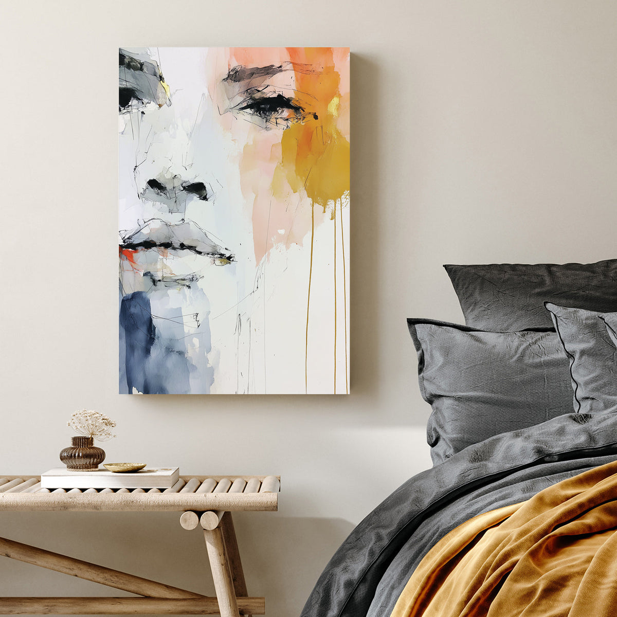 Abstract watercolour portrait of a face with soft tones and expressive eye detail
