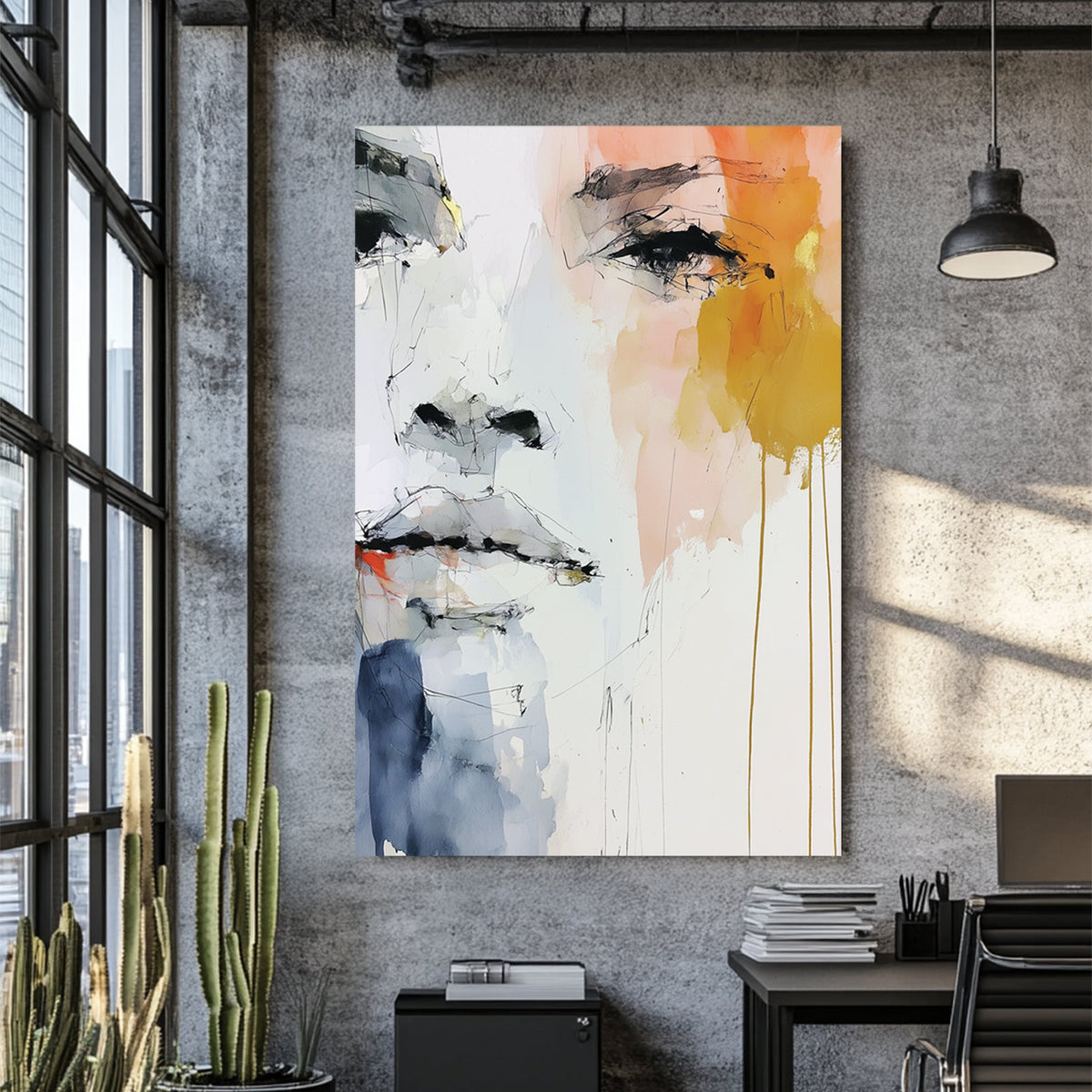 Abstract watercolour portrait of a face with soft tones and expressive eye detail