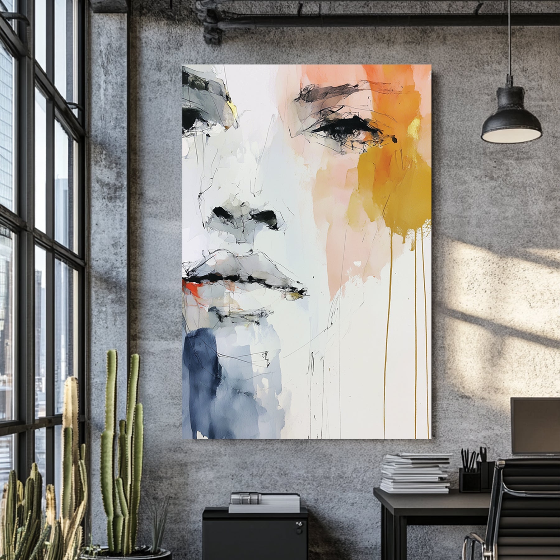 Abstract watercolour portrait of a face with soft tones and expressive eye detail