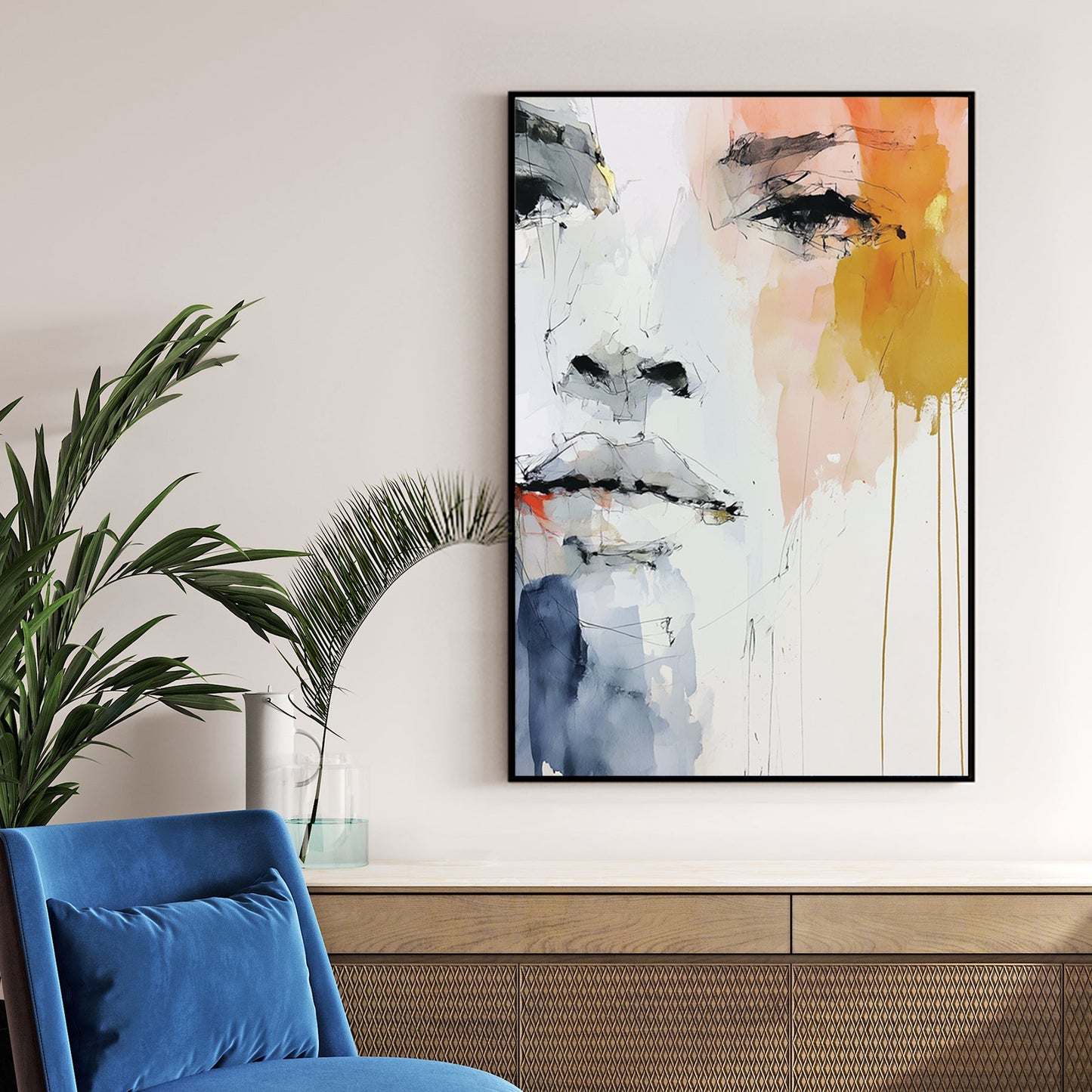 Abstract watercolour portrait of a face with soft tones and expressive eye detail