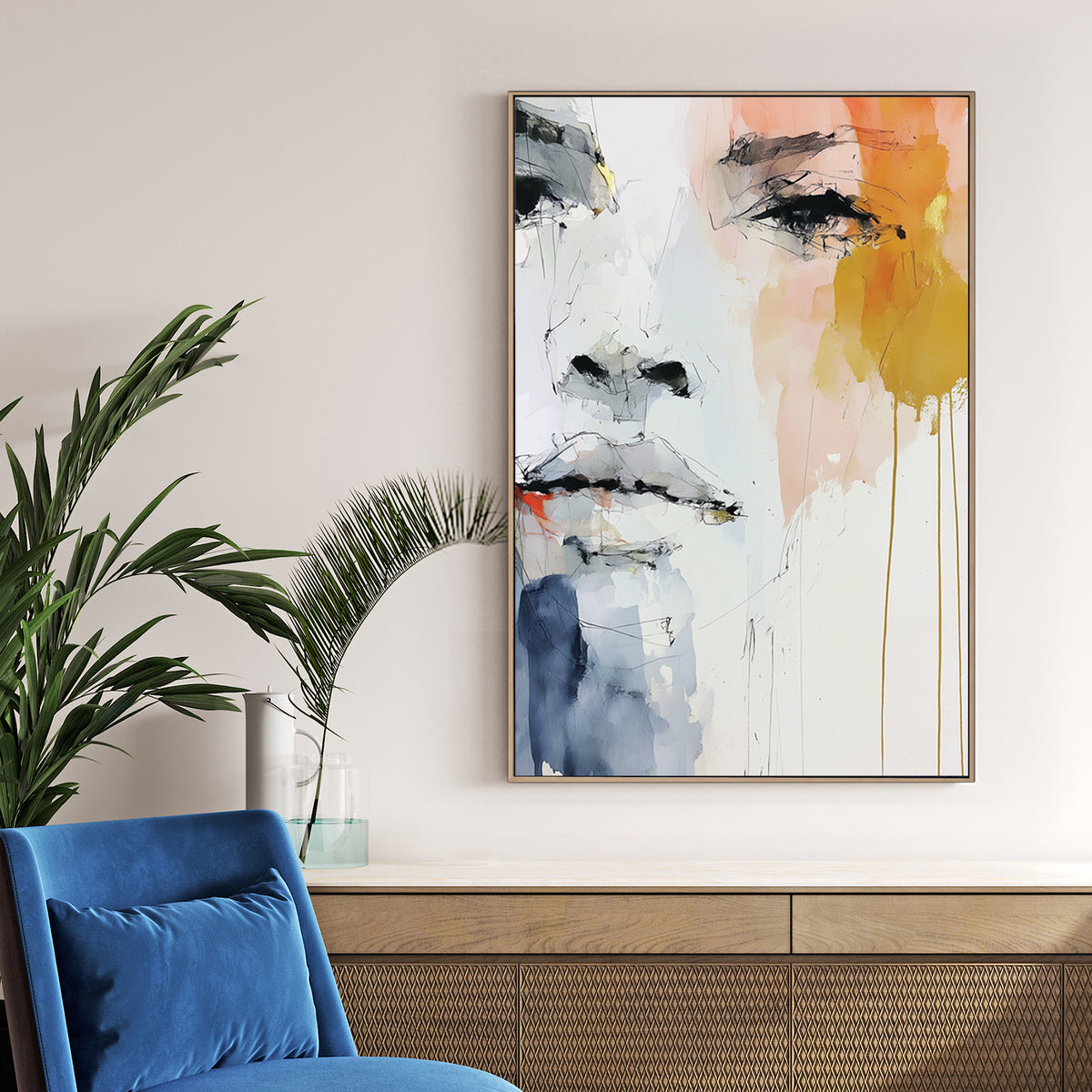 Abstract watercolour portrait of a face with soft tones and expressive eye detail