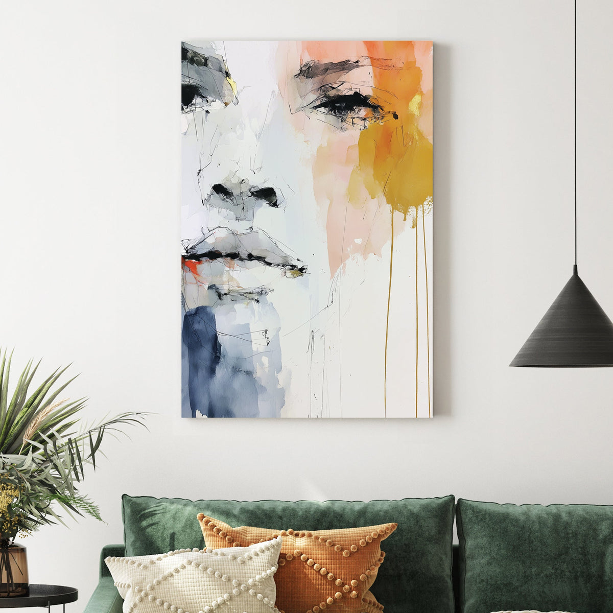 Abstract watercolour portrait of a face with soft tones and expressive eye detail