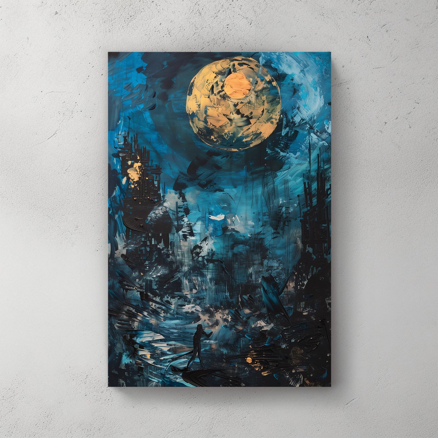 Abstract night scene with gold moon, blue sky, and a lone figure on a glowing path
