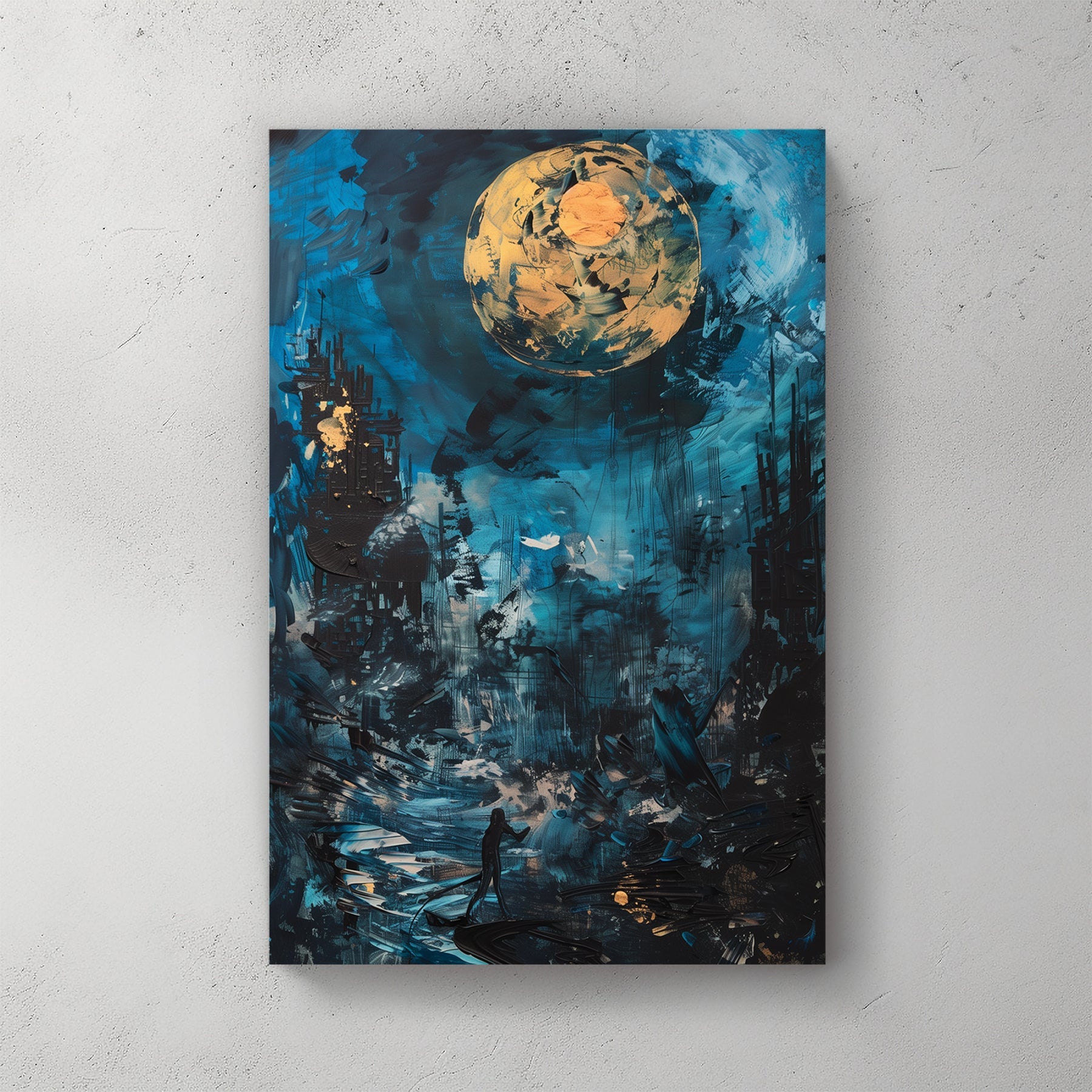 Abstract night scene with gold moon, blue sky, and a lone figure on a glowing path