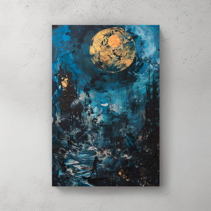 Abstract night scene with gold moon, blue sky, and a lone figure on a glowing path