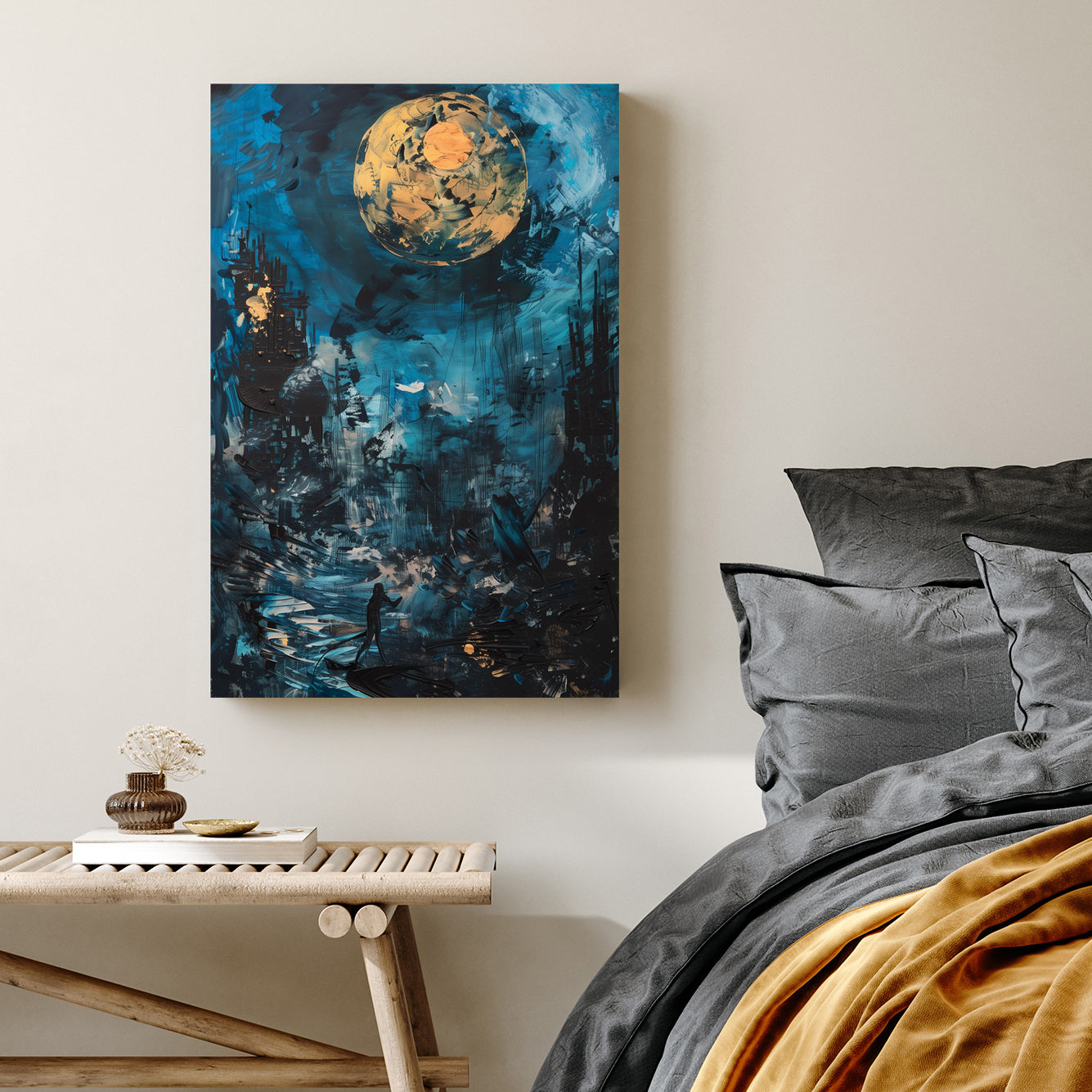 Abstract night scene with gold moon, blue sky, and a lone figure on a glowing path