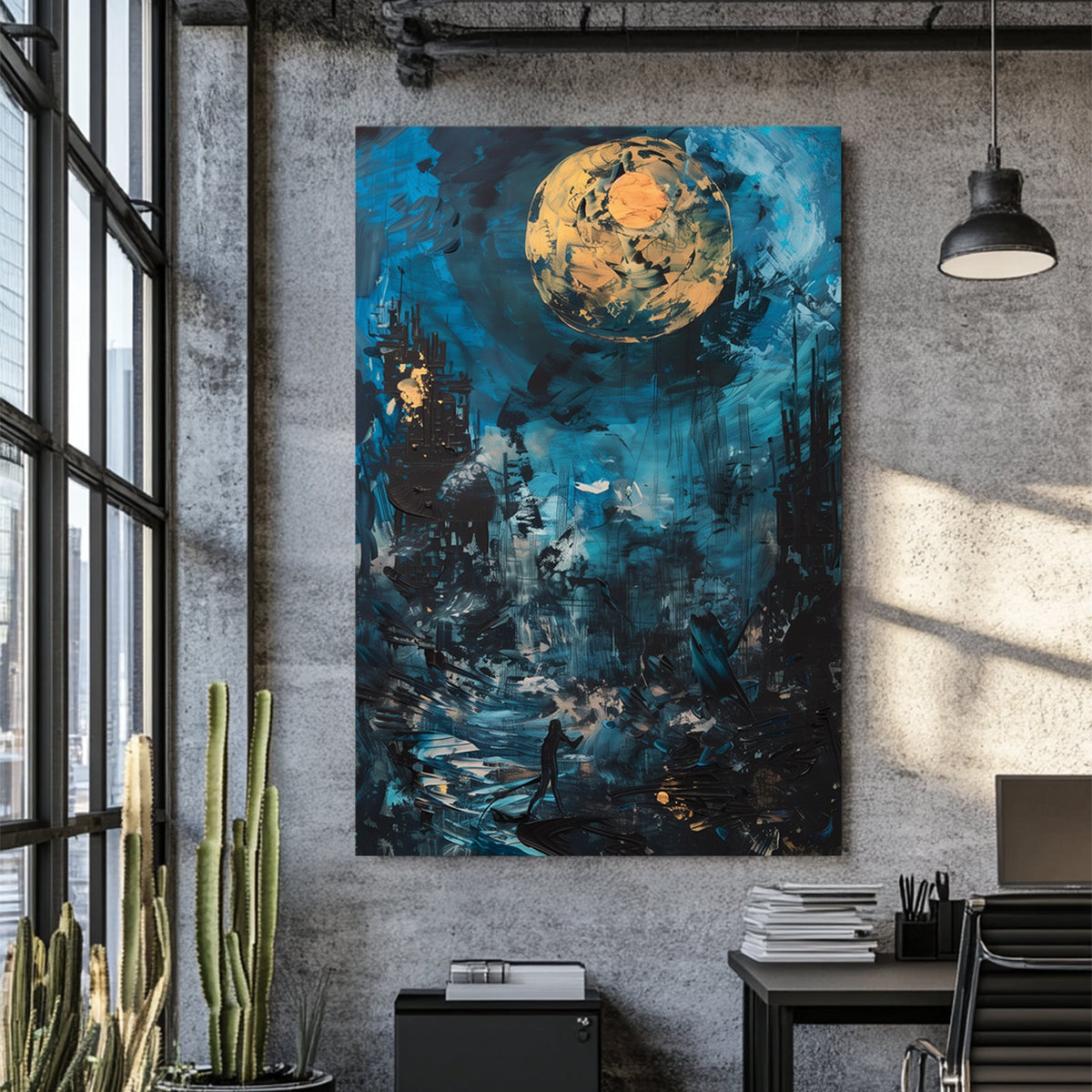 Abstract night scene with gold moon, blue sky, and a lone figure on a glowing path