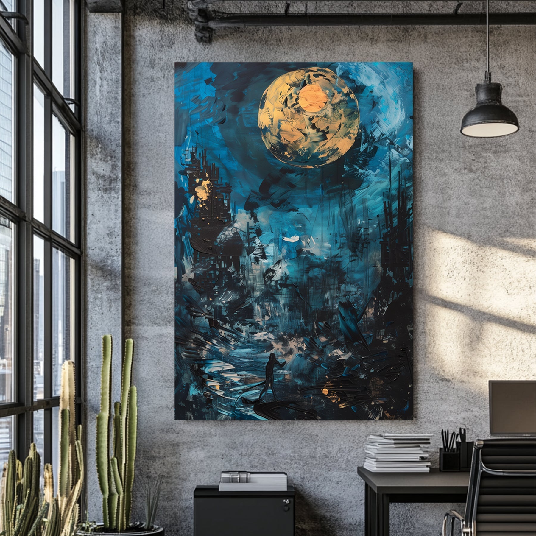 Abstract night scene with gold moon, blue sky, and a lone figure on a glowing path