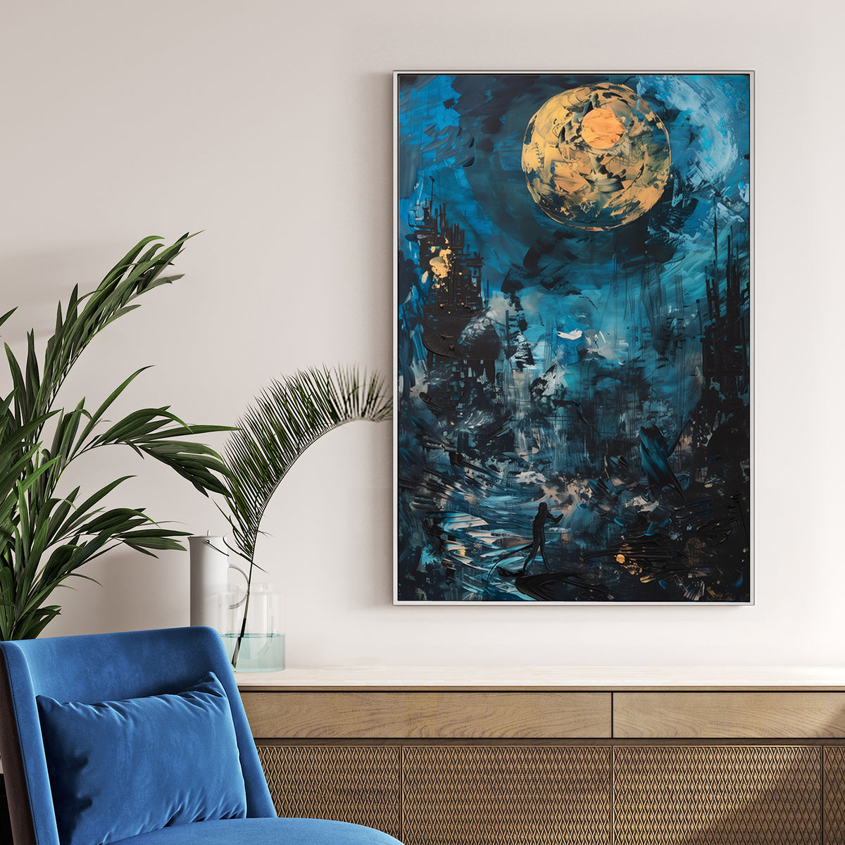Abstract night scene with gold moon, blue sky, and a lone figure on a glowing path