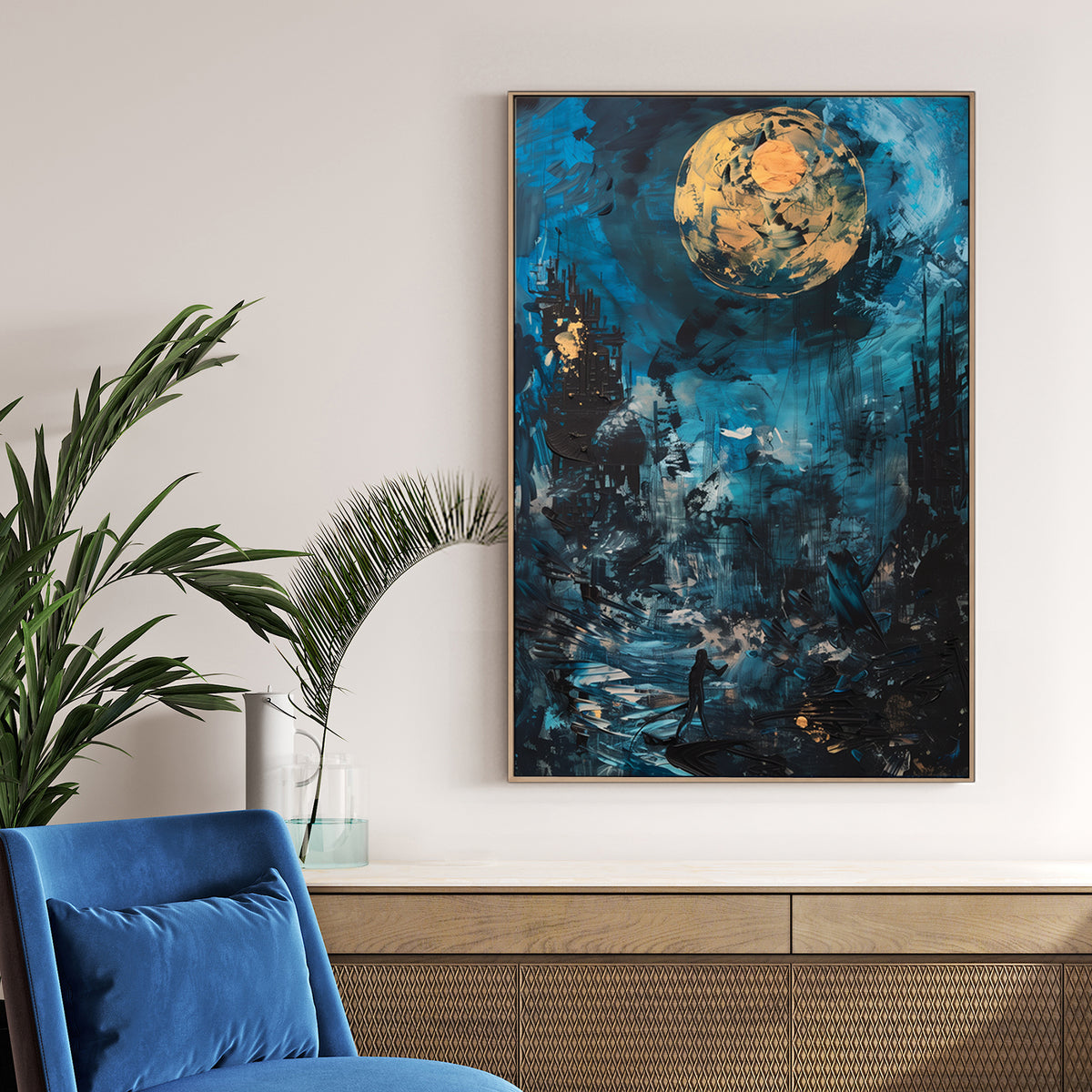Abstract night scene with gold moon, blue sky, and a lone figure on a glowing path