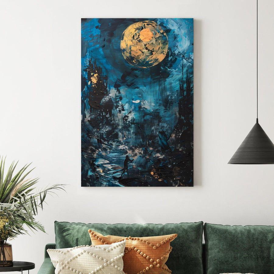 Abstract night scene with gold moon, blue sky, and a lone figure on a glowing path