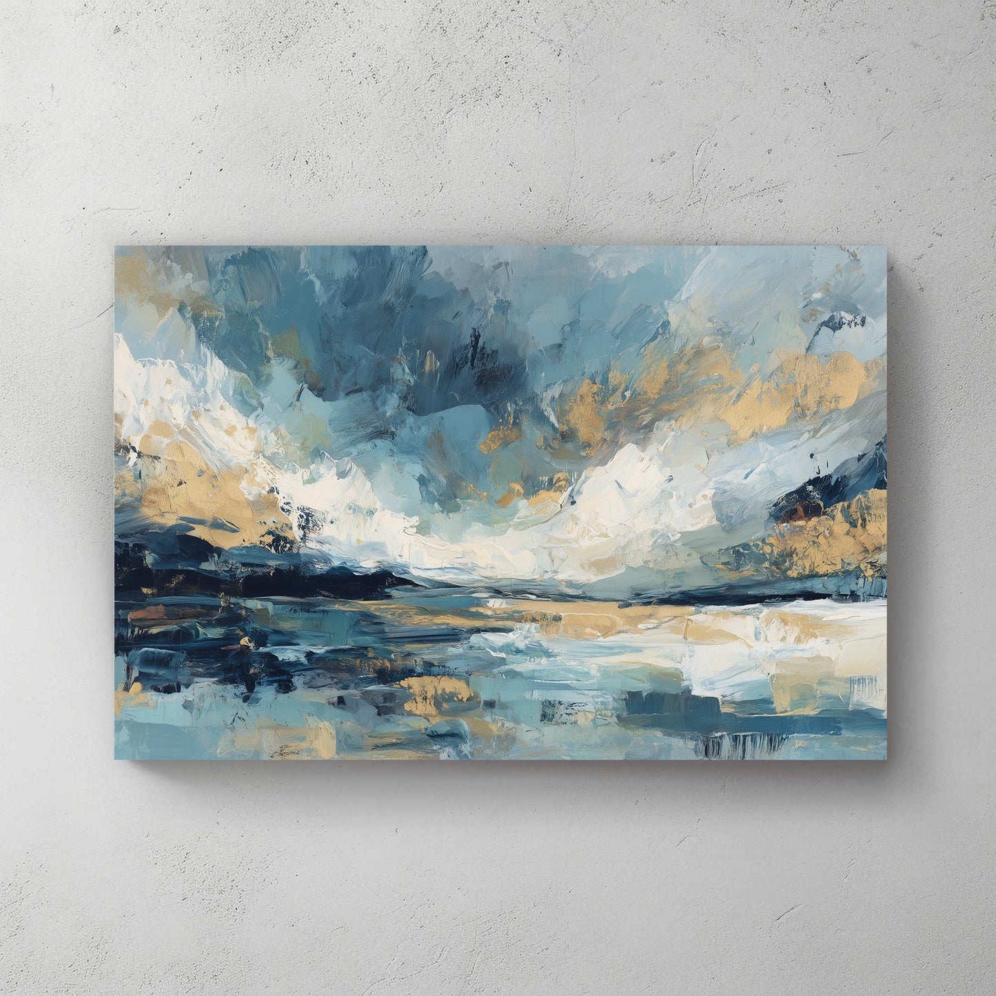 Abstract landscape with soft blues, creams, and gold brushstrokes evoking sky and water