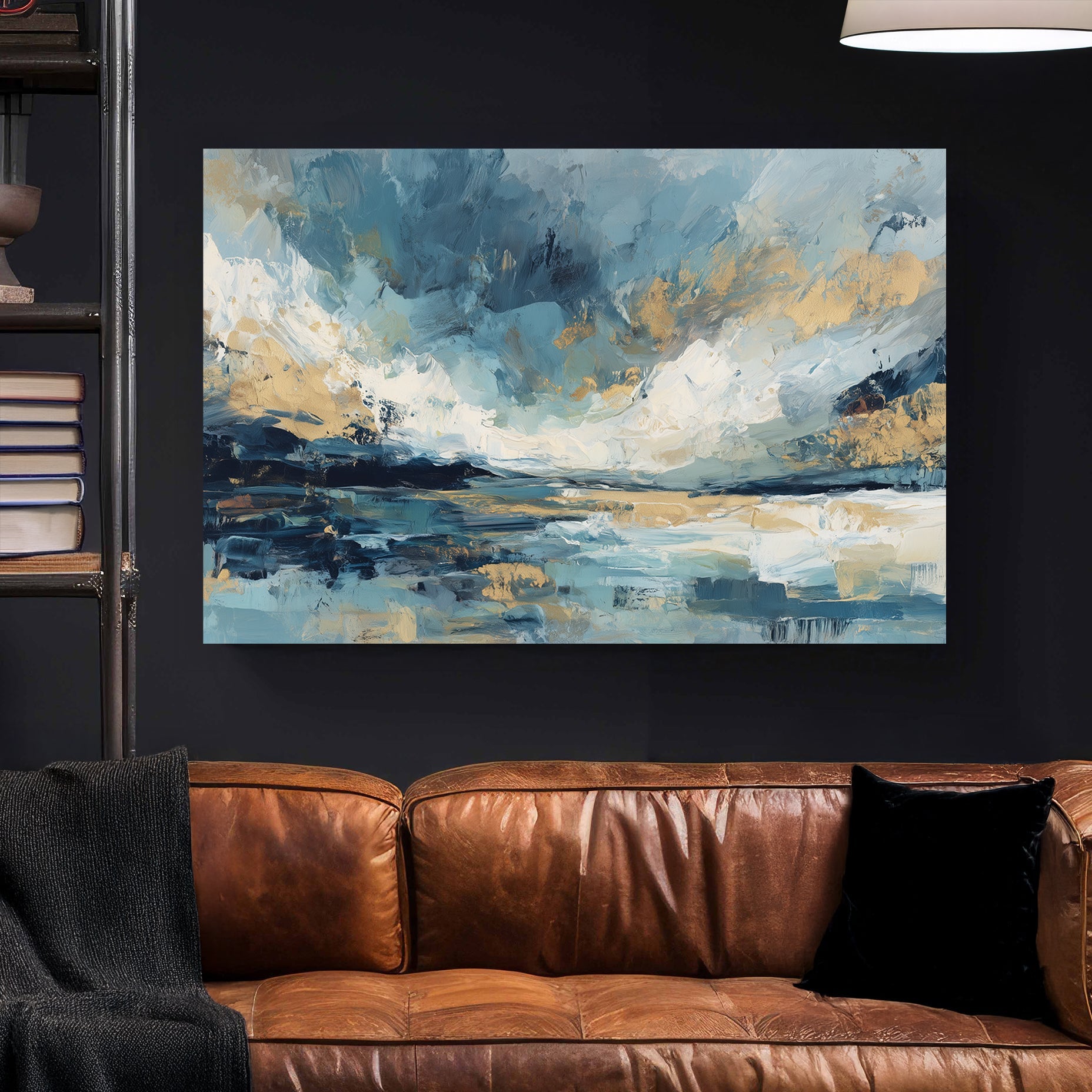 Abstract landscape with soft blues, creams, and gold brushstrokes evoking sky and water