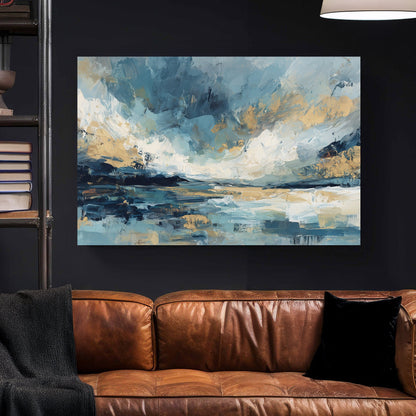Abstract landscape with soft blues, creams, and gold brushstrokes evoking sky and water
