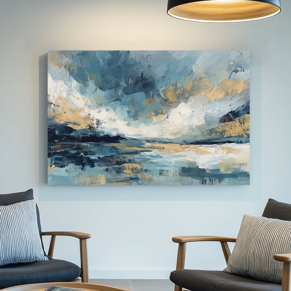 Abstract landscape with soft blues, creams, and gold brushstrokes evoking sky and water