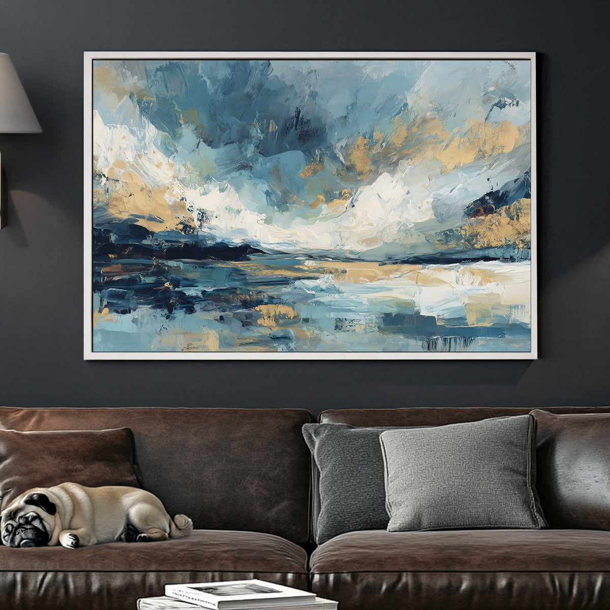 Abstract landscape with soft blues, creams, and gold brushstrokes evoking sky and water