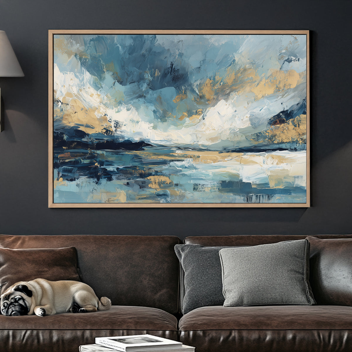 Abstract landscape with soft blues, creams, and gold brushstrokes evoking sky and water