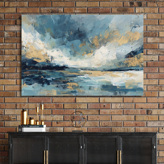 Abstract landscape with soft blues, creams, and gold brushstrokes evoking sky and water