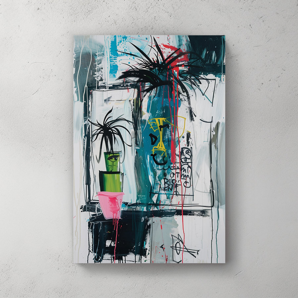 Graffiti-style painting of potted palm plants with abstract face drawings and neon accents