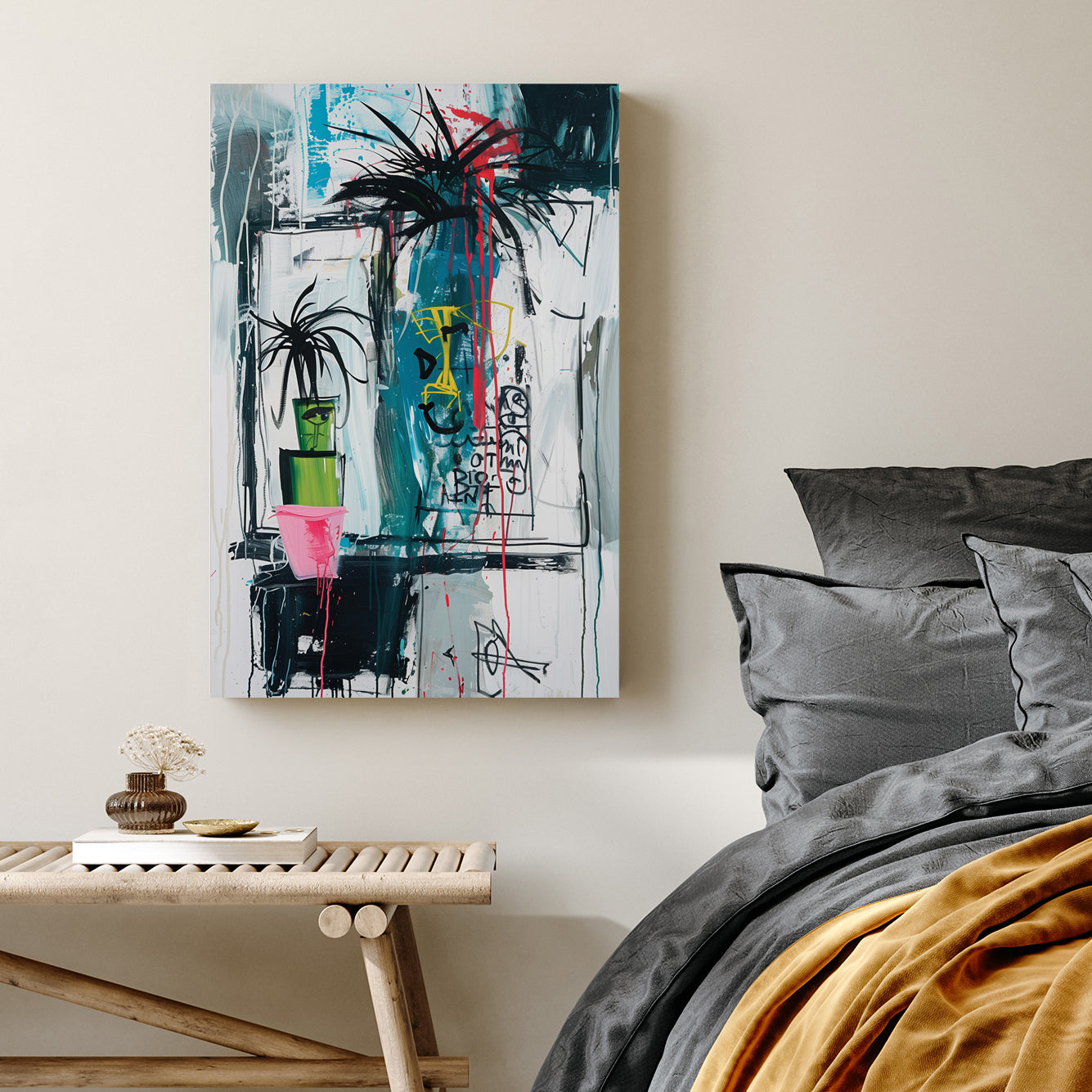 Graffiti-style painting of potted palm plants with abstract face drawings and neon accents