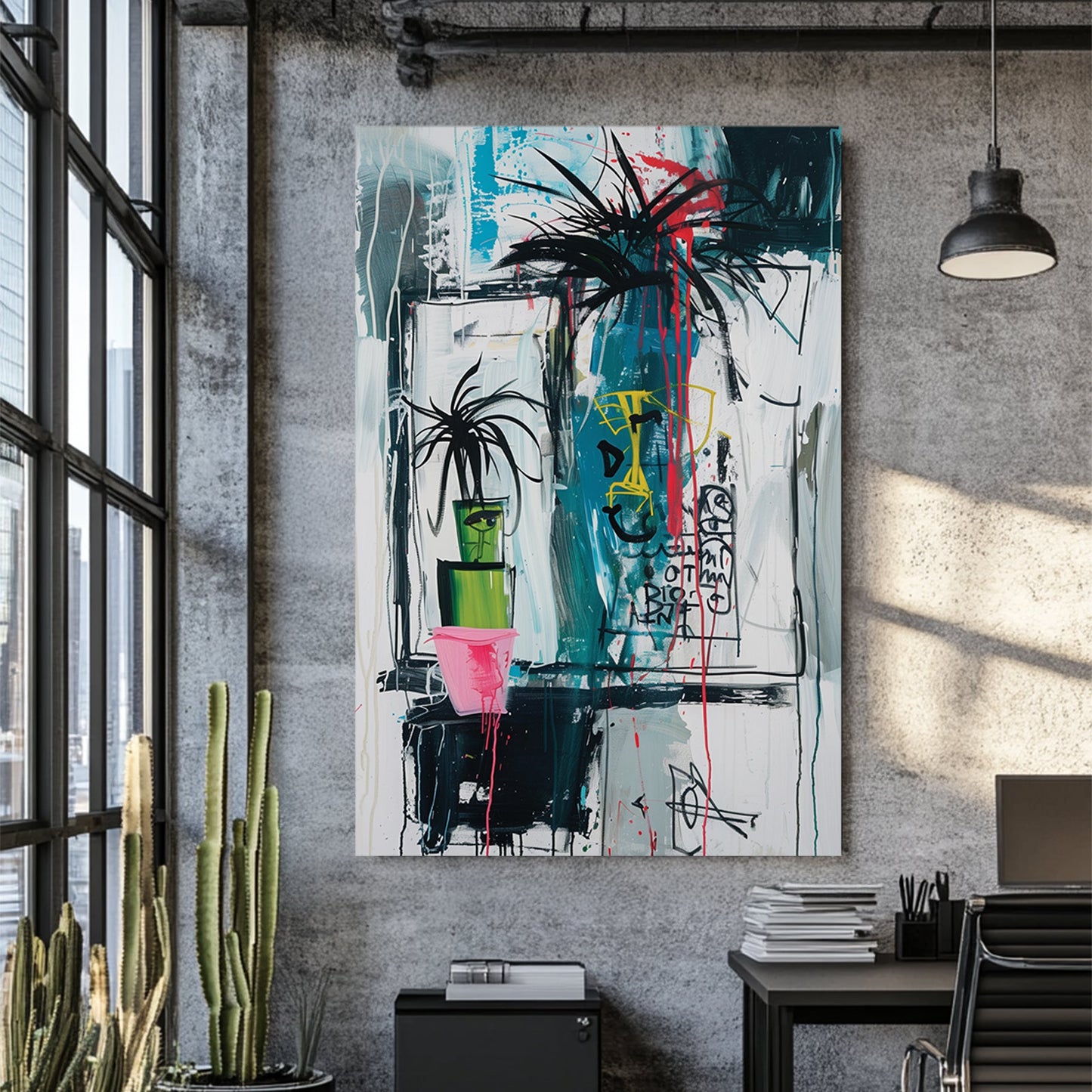 Graffiti-style painting of potted palm plants with abstract face drawings and neon accents