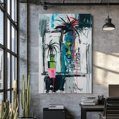 Graffiti-style painting of potted palm plants with abstract face drawings and neon accents