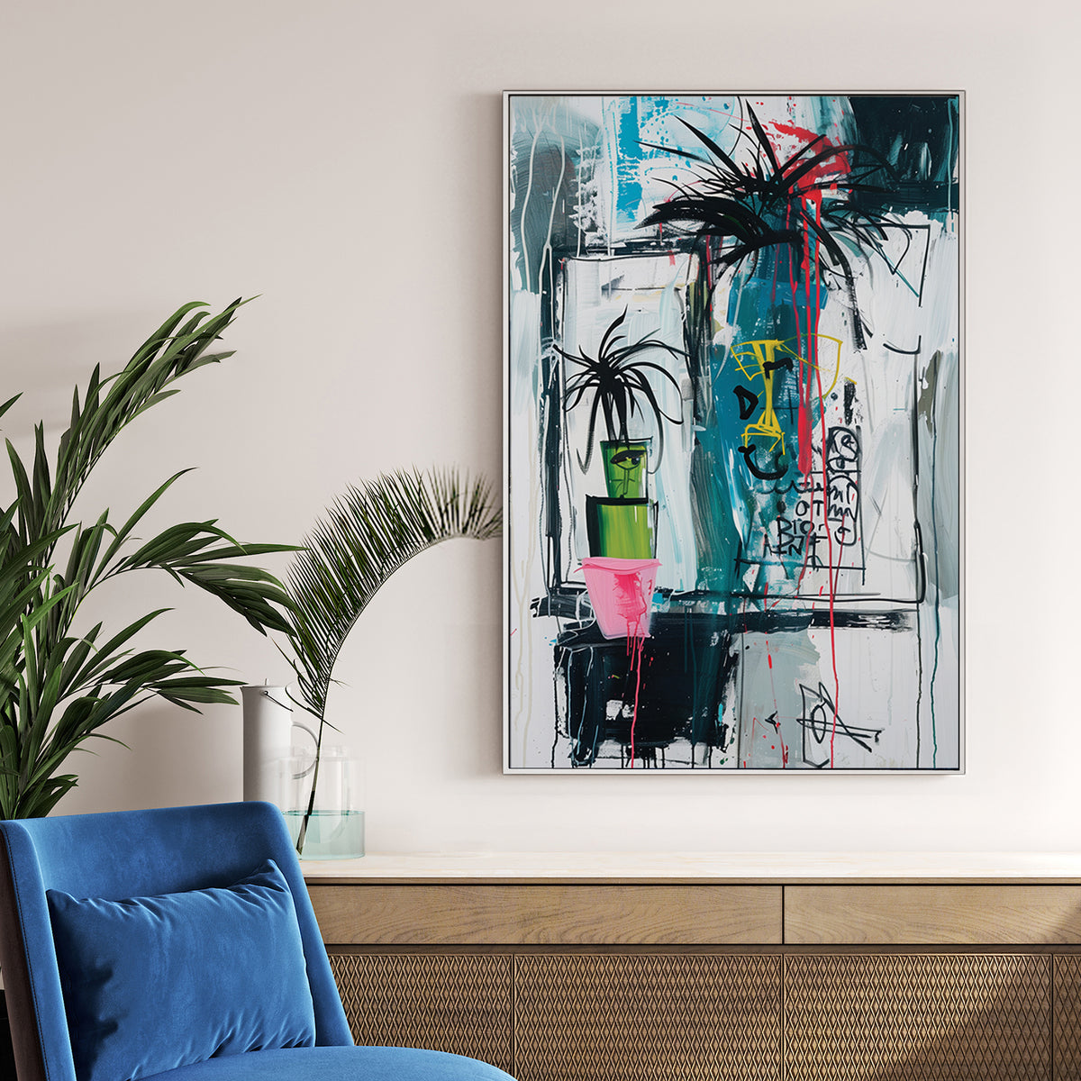 Graffiti-style painting of potted palm plants with abstract face drawings and neon accents