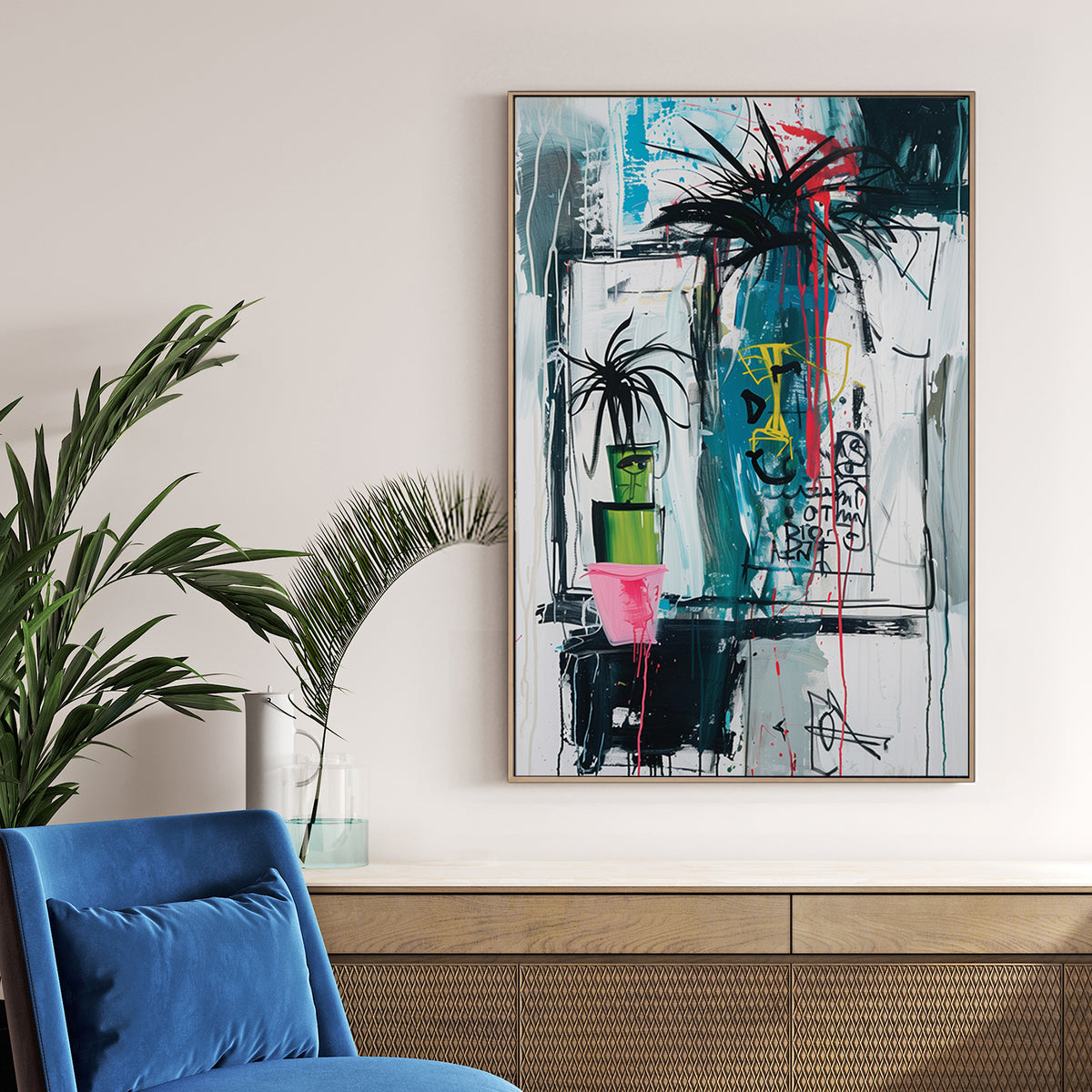 Graffiti-style painting of potted palm plants with abstract face drawings and neon accents