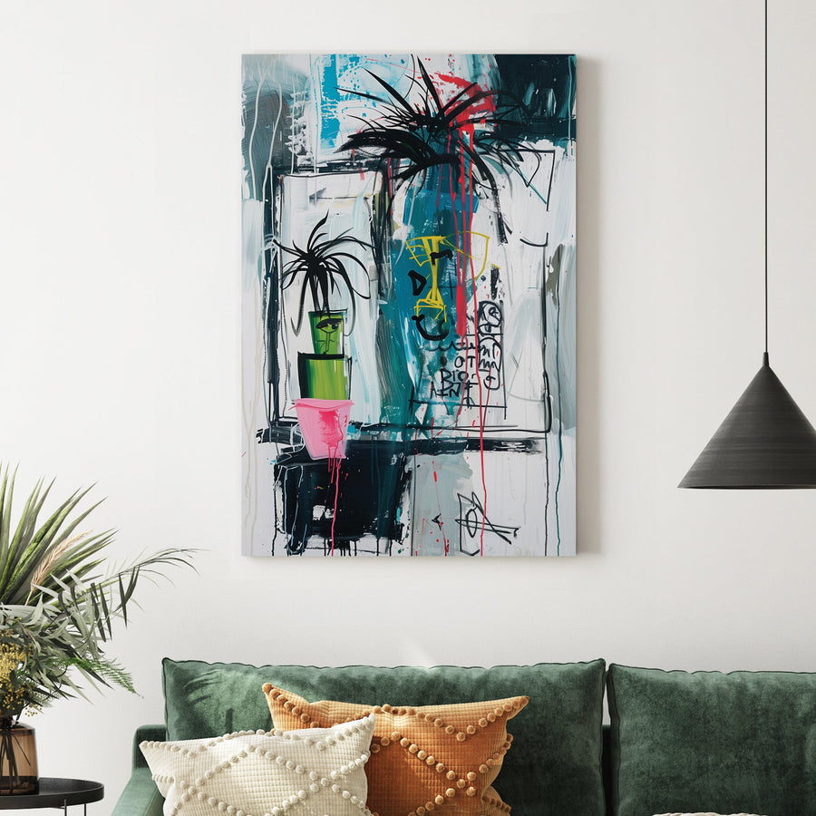 Graffiti-style painting of potted palm plants with abstract face drawings and neon accents