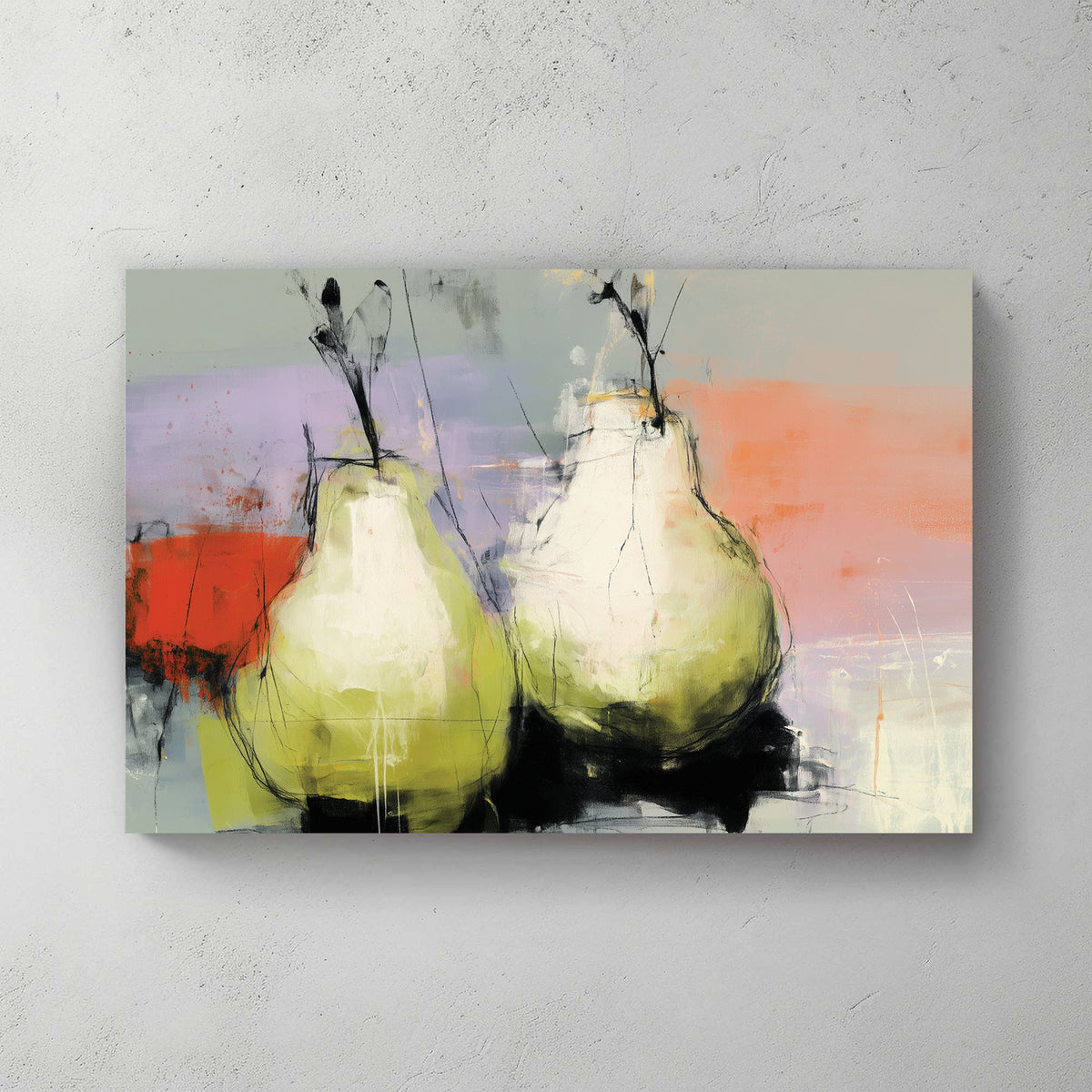 Abstract painting of two pears on a colourful pastel and red background