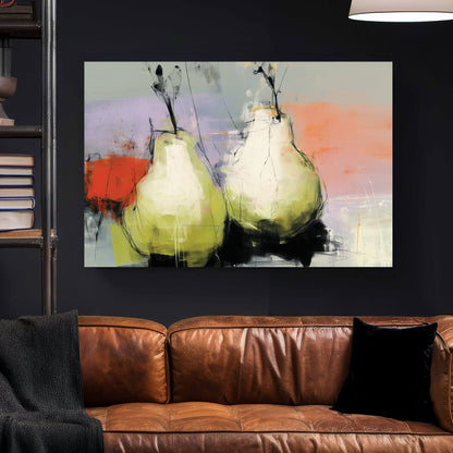 Abstract painting of two pears on a colourful pastel and red background