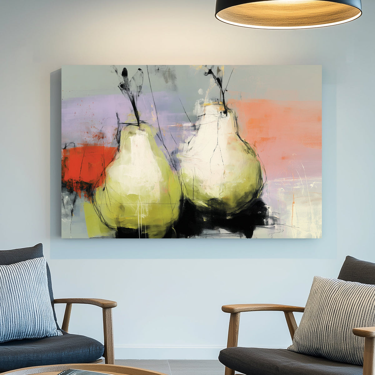 Abstract painting of two pears on a colourful pastel and red background