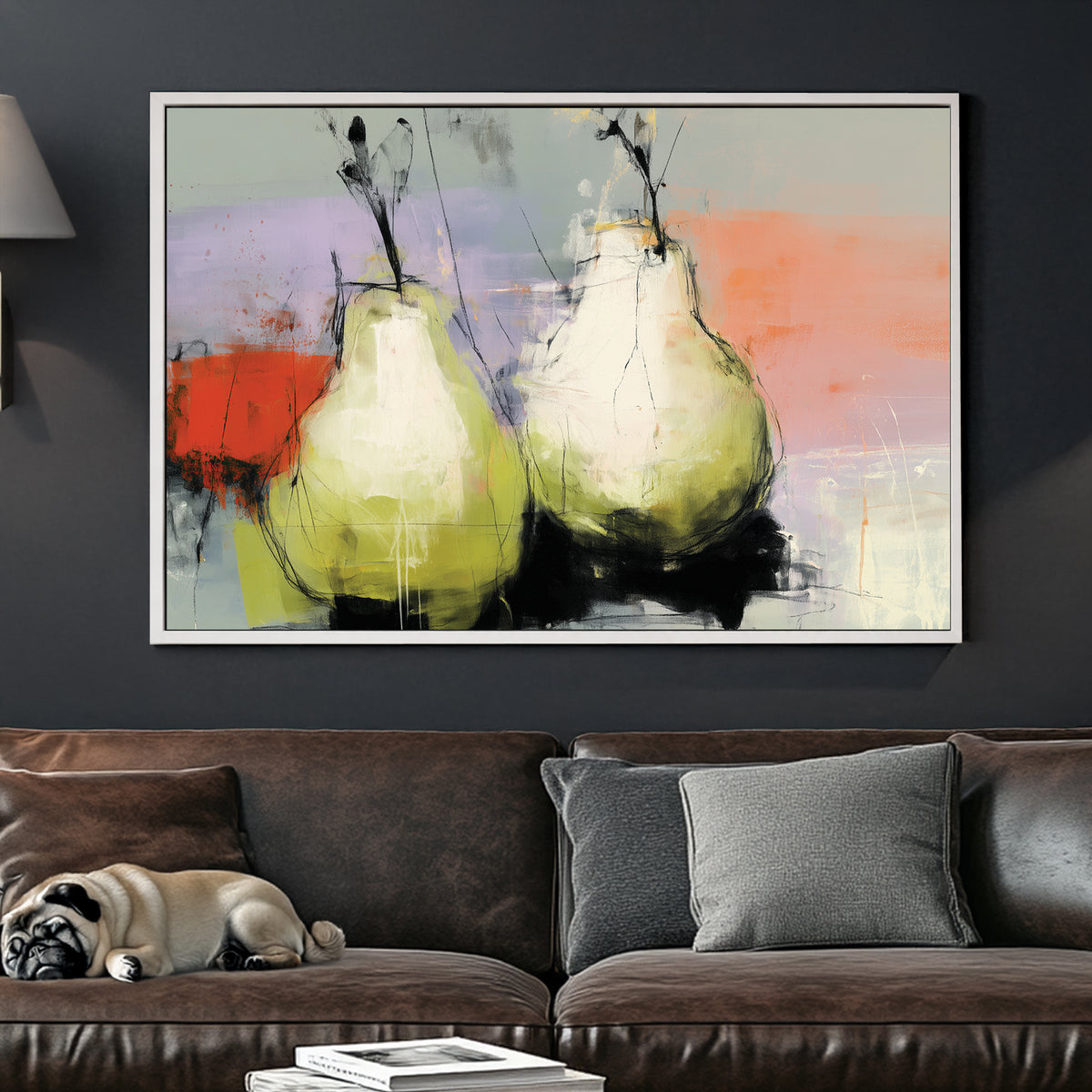 Abstract painting of two pears on a colourful pastel and red background