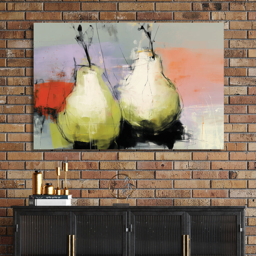 Abstract painting of two pears on a colourful pastel and red background