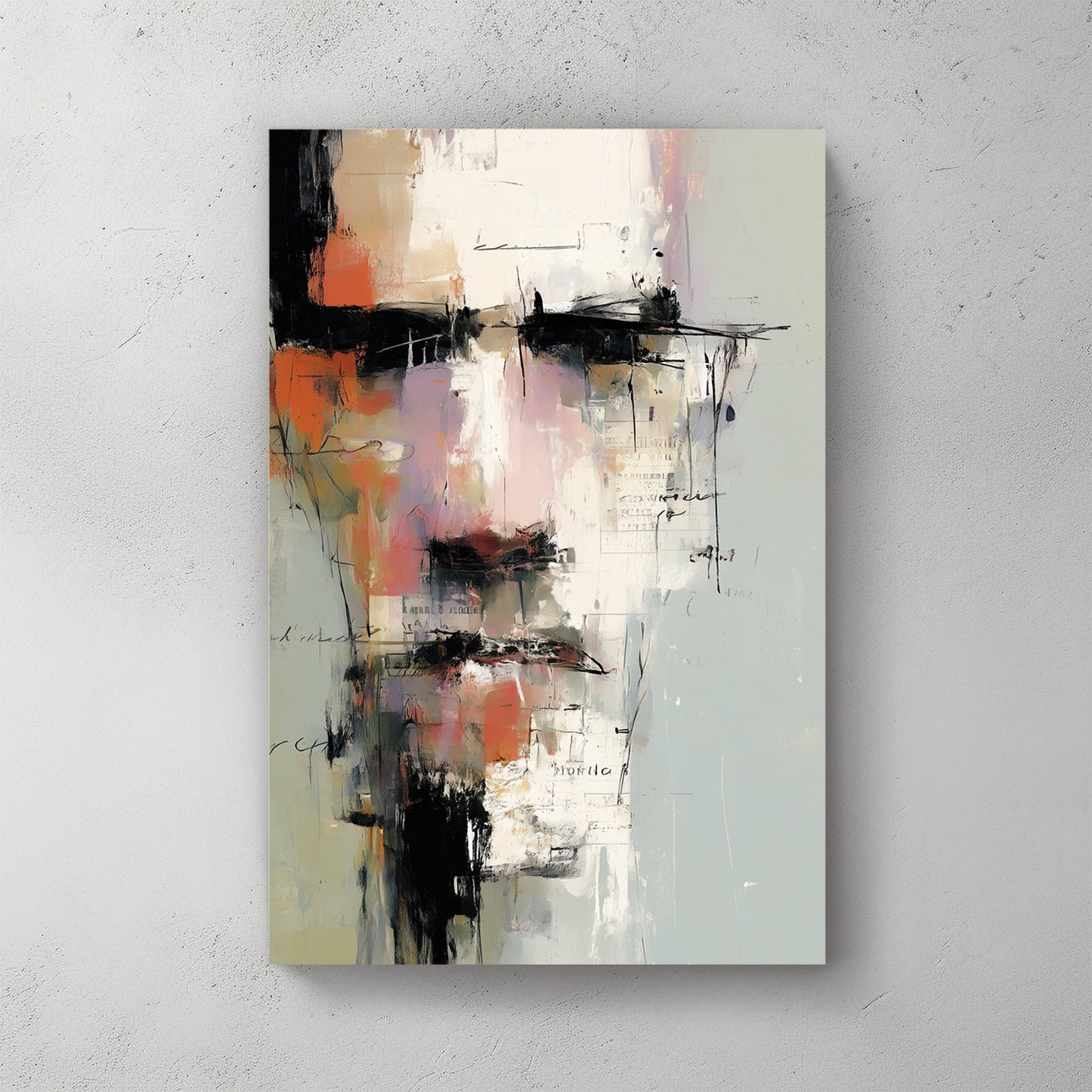 Abstract portrait of a male face with layered brushstrokes and text fragments on a neutral background