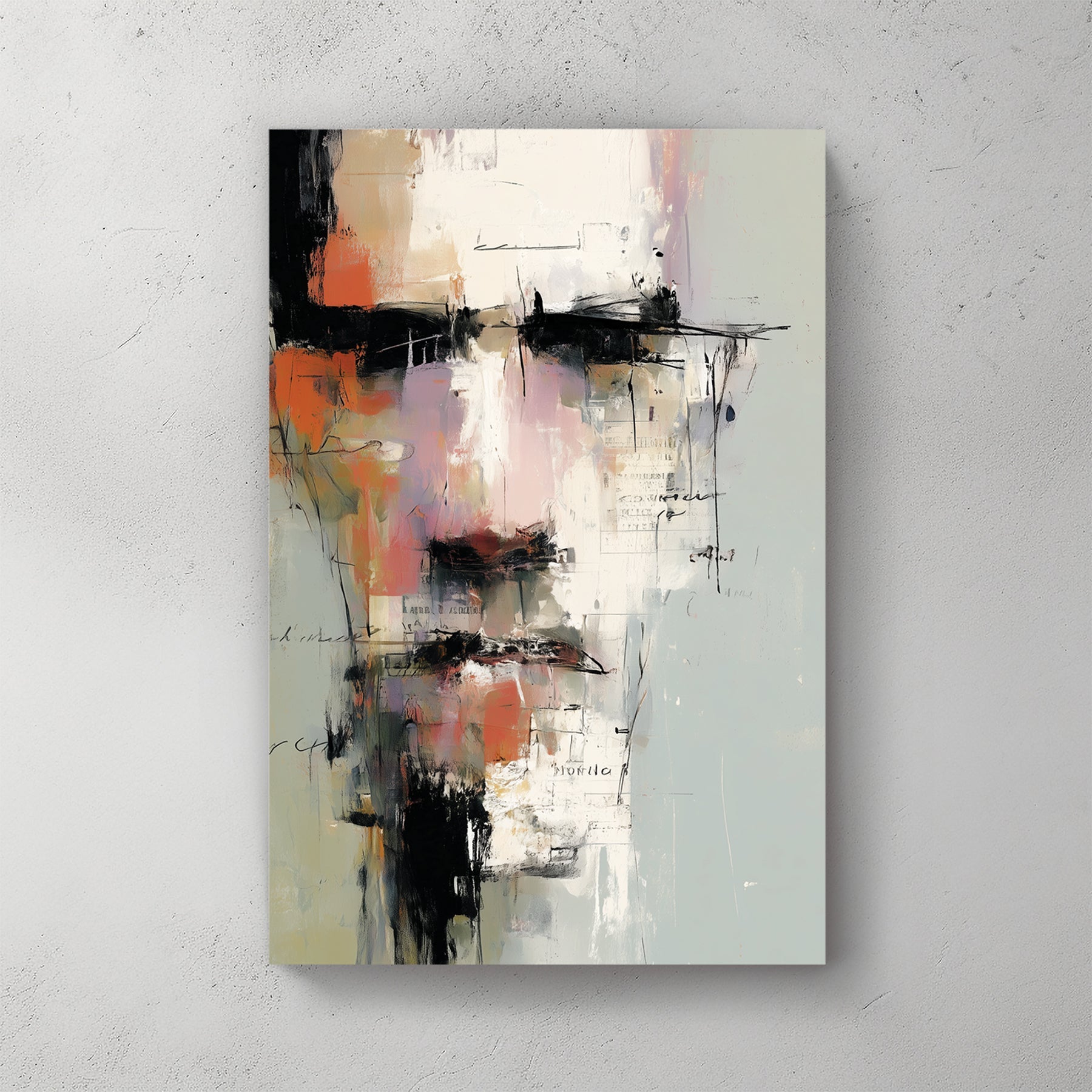 Abstract portrait of a male face with layered brushstrokes and text fragments on a neutral background