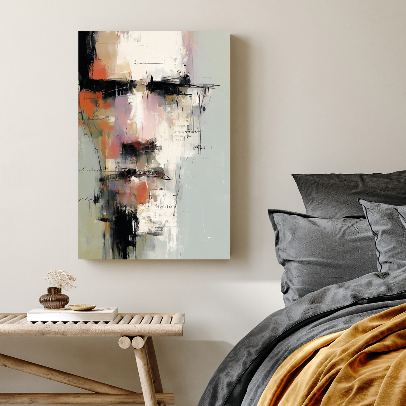 Abstract portrait of a male face with layered brushstrokes and text fragments on a neutral background