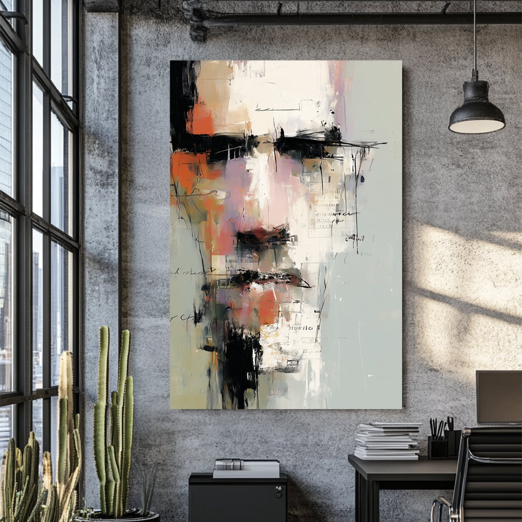 Abstract portrait of a male face with layered brushstrokes and text fragments on a neutral background