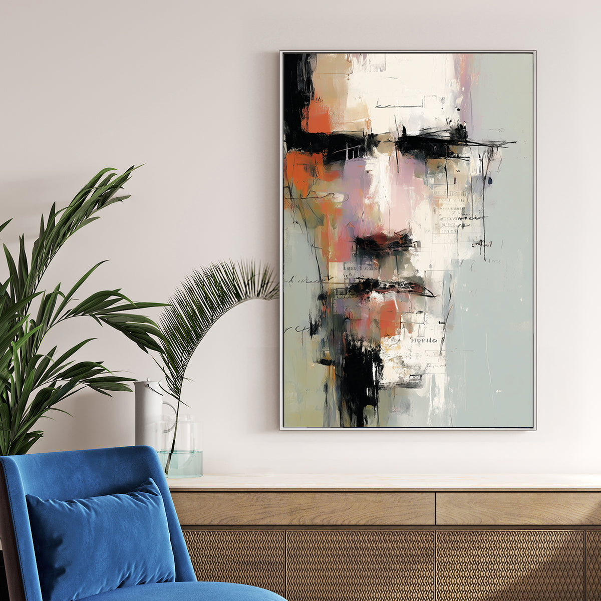 Abstract portrait of a male face with layered brushstrokes and text fragments on a neutral background