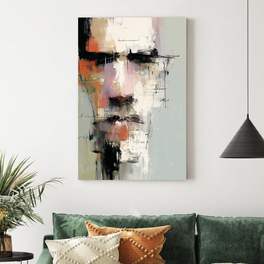 Abstract portrait of a male face with layered brushstrokes and text fragments on a neutral background