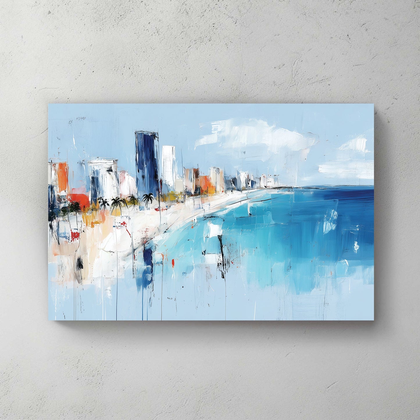 Abstract cityscape with ocean shoreline, high-rises, and palm trees in blue and white tones