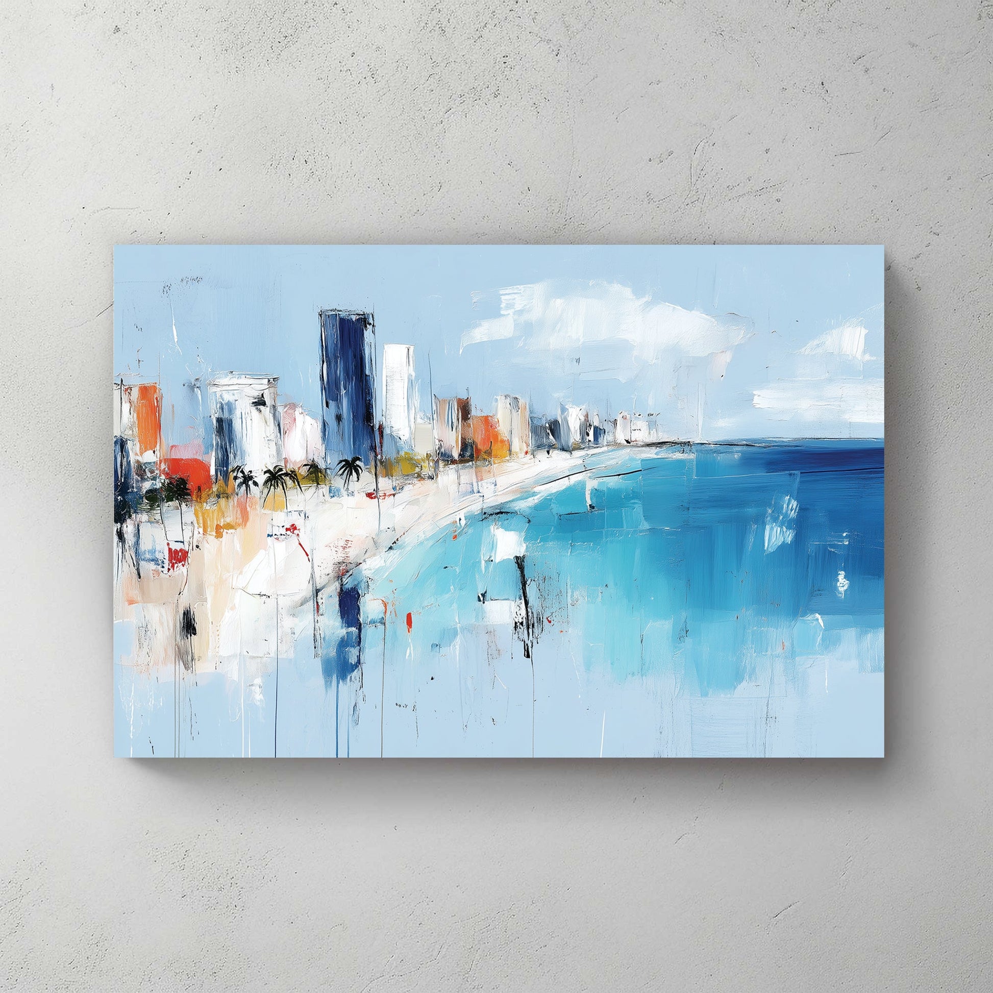 Abstract cityscape with ocean shoreline, high-rises, and palm trees in blue and white tones