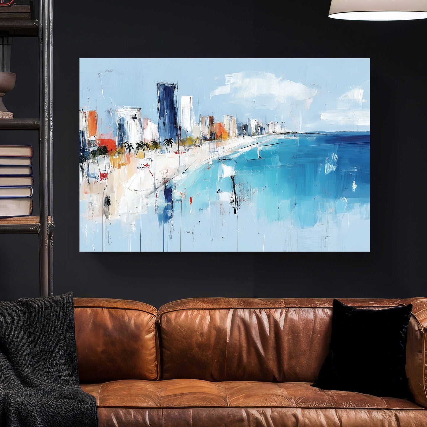 Abstract cityscape with ocean shoreline, high-rises, and palm trees in blue and white tones