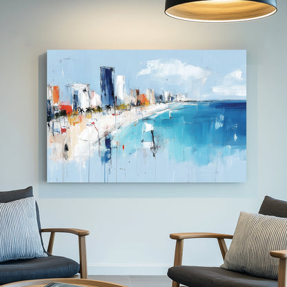 Abstract cityscape with ocean shoreline, high-rises, and palm trees in blue and white tones
